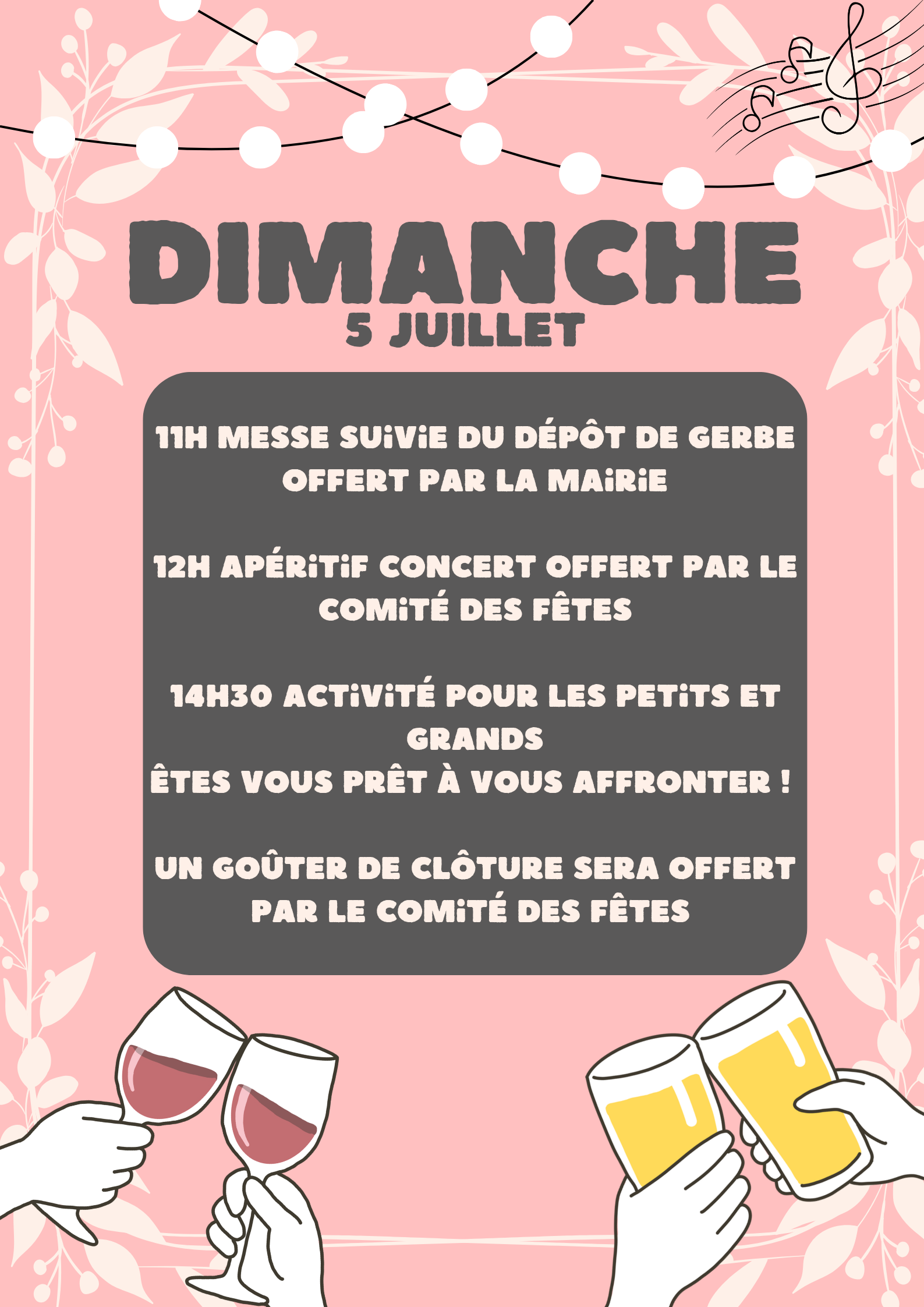 Affiche spécifique pour le programme de Dimanche, rose avec des dessins de verres, reprenant les infos de l'événement : Fête locale de Montjoire